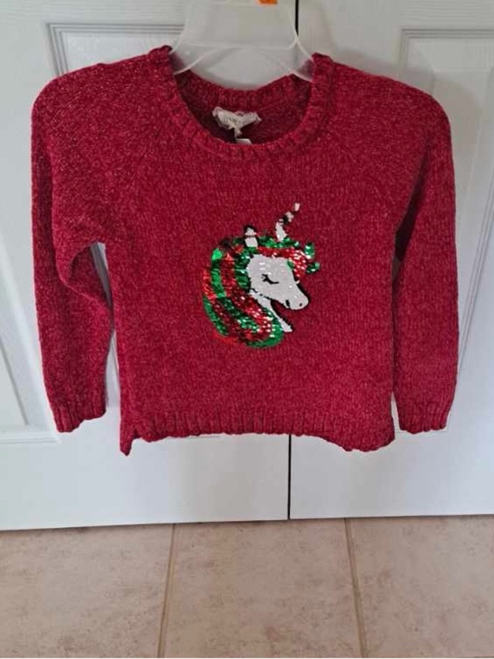 btween Red Crewneck Sweater with Sequined Unicorn